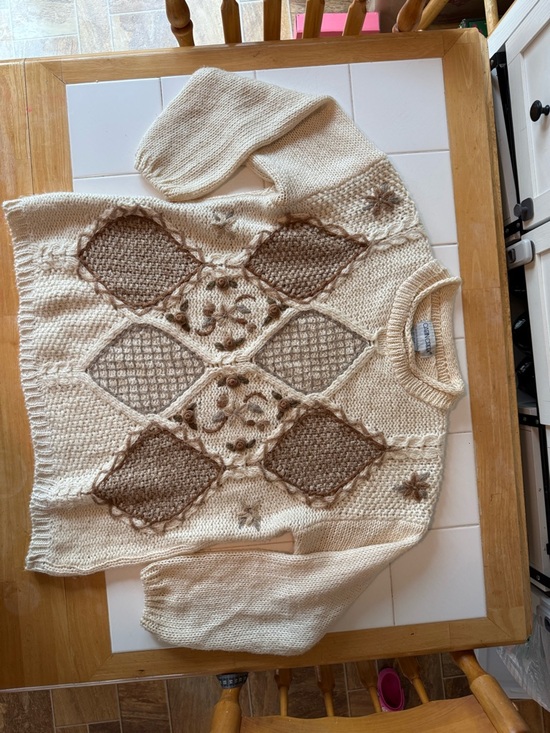 Vintage 90s Sz Lg Cottagecore Grandma Knit Chunky Neutral Sweater Patchwork Tan - Picture 16 of 16